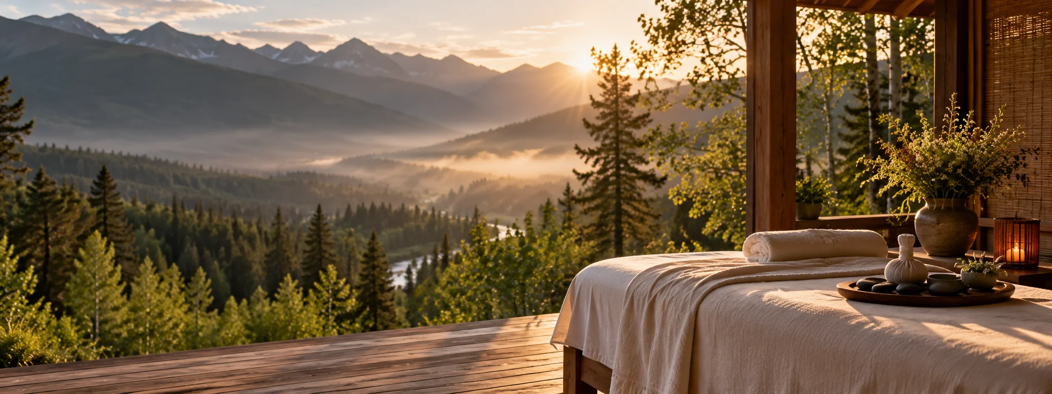 Illustrative sunset mountain spa scene
